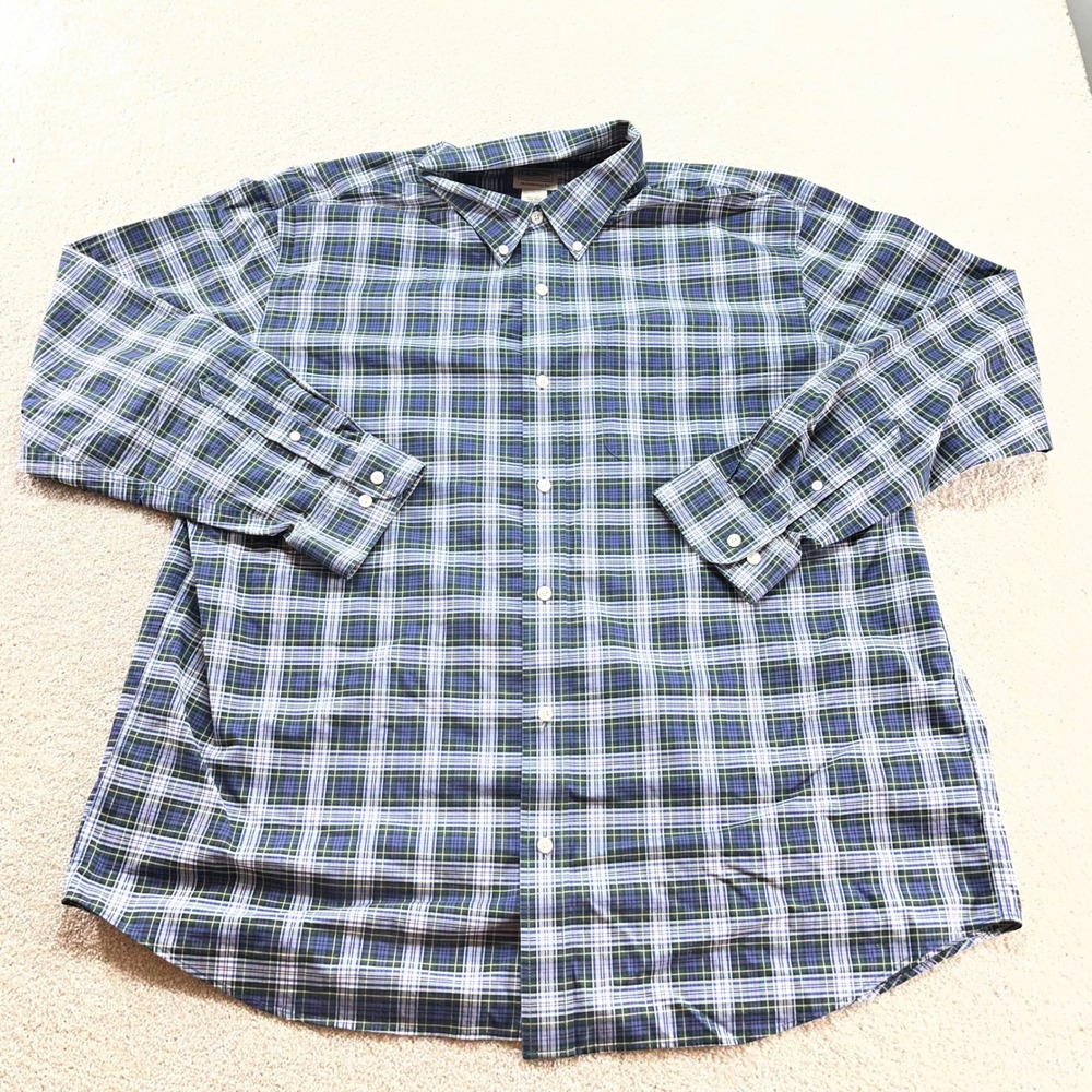 LL Bean Shirt Mens XXL Blue Green Plaid Traditional Fit Cotton Button Down